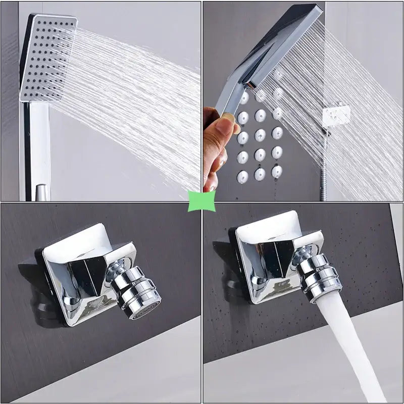 Modern brushed nickel waterfall rain shower panel with chrome-finished rectangular showerhead and multiple spray settings