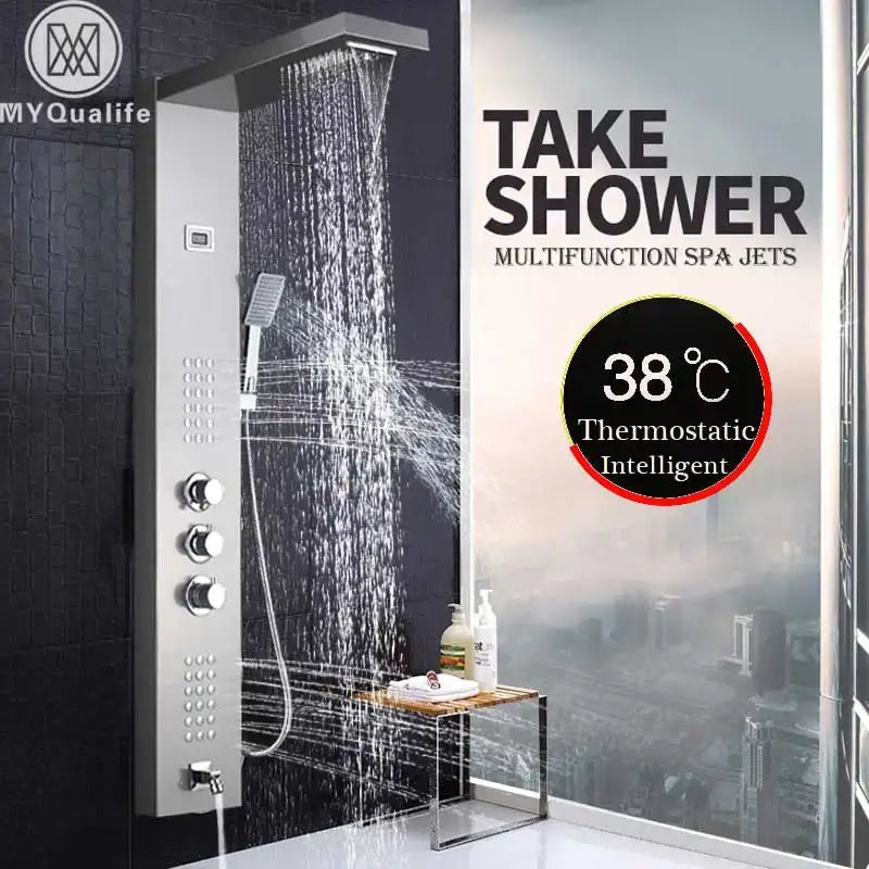 Modern brushed nickel waterfall rain shower panel with silver finish large rain shower head and multiple control knobs