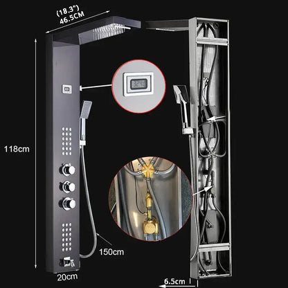 Modern brushed nickel waterfall rain shower panel with black chrome finish digital temperature display and multiple spray heads