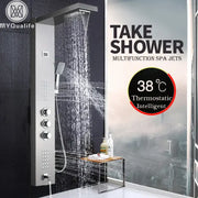 Modern brushed nickel shower panel with chrome finish multifunction spa jets and thermostatic waterfall rain shower control system