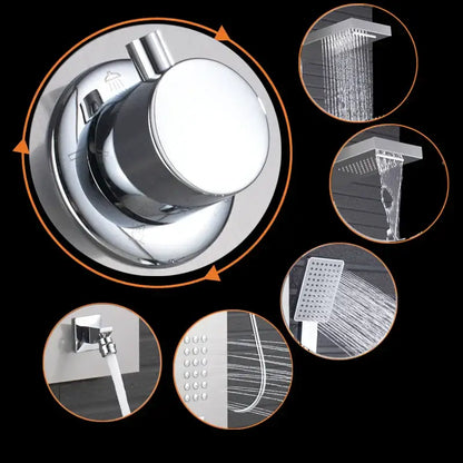 Chrome-finished modern shower valve with integrated controls in a brushed nickel waterfall rain shower panel spa jet