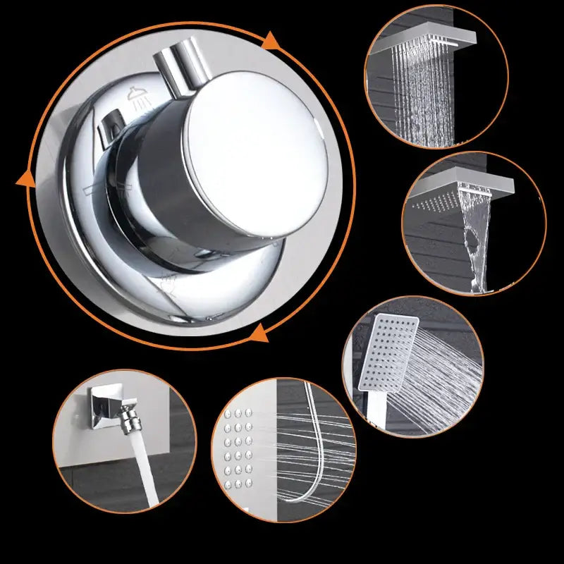 Chrome-finished modern shower valve with integrated controls in a brushed nickel waterfall rain shower panel spa jet