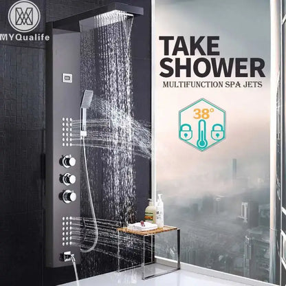 Black multifunction spa shower panel with multiple jets and control knobs for a modern brushed nickel waterfall rain shower