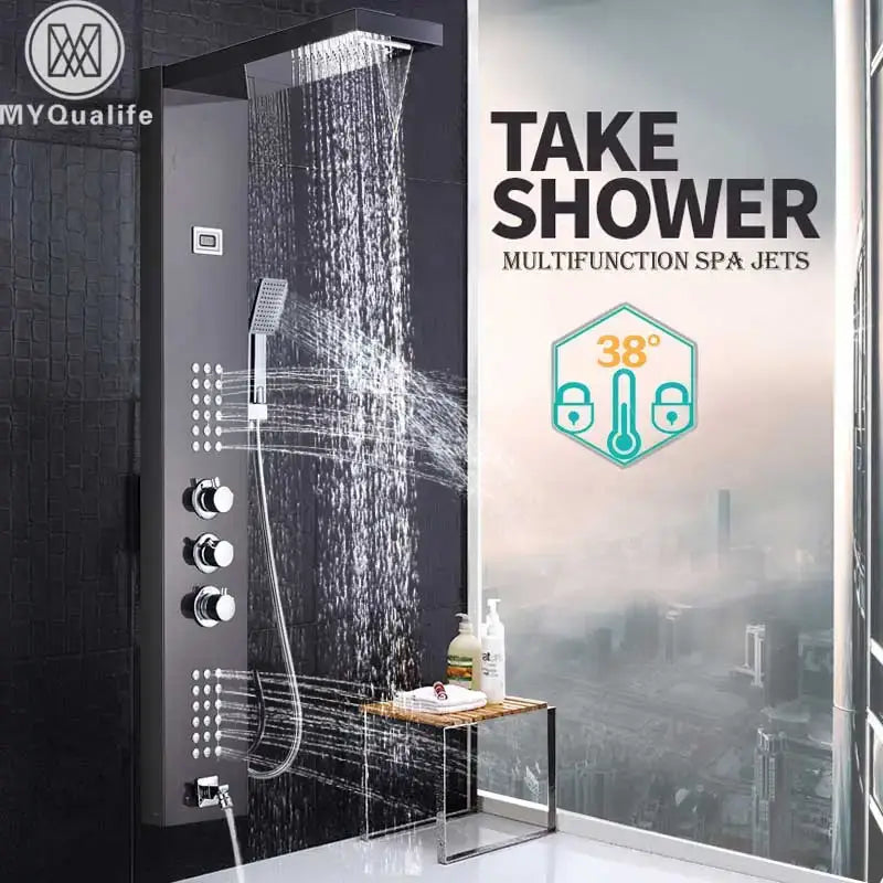 Black multifunction spa shower panel with multiple jets and control knobs for a modern brushed nickel waterfall rain shower