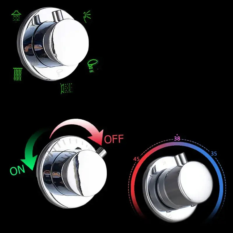 Chrome finished shower temperature control knob with illuminated indicators on a brushed nickel waterfall rain shower panel