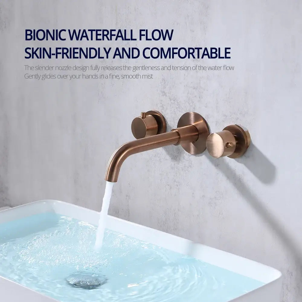 Modern brushed rose gold dual handle wall mount faucet with brass bionic waterfall spout and valve control for bathroom