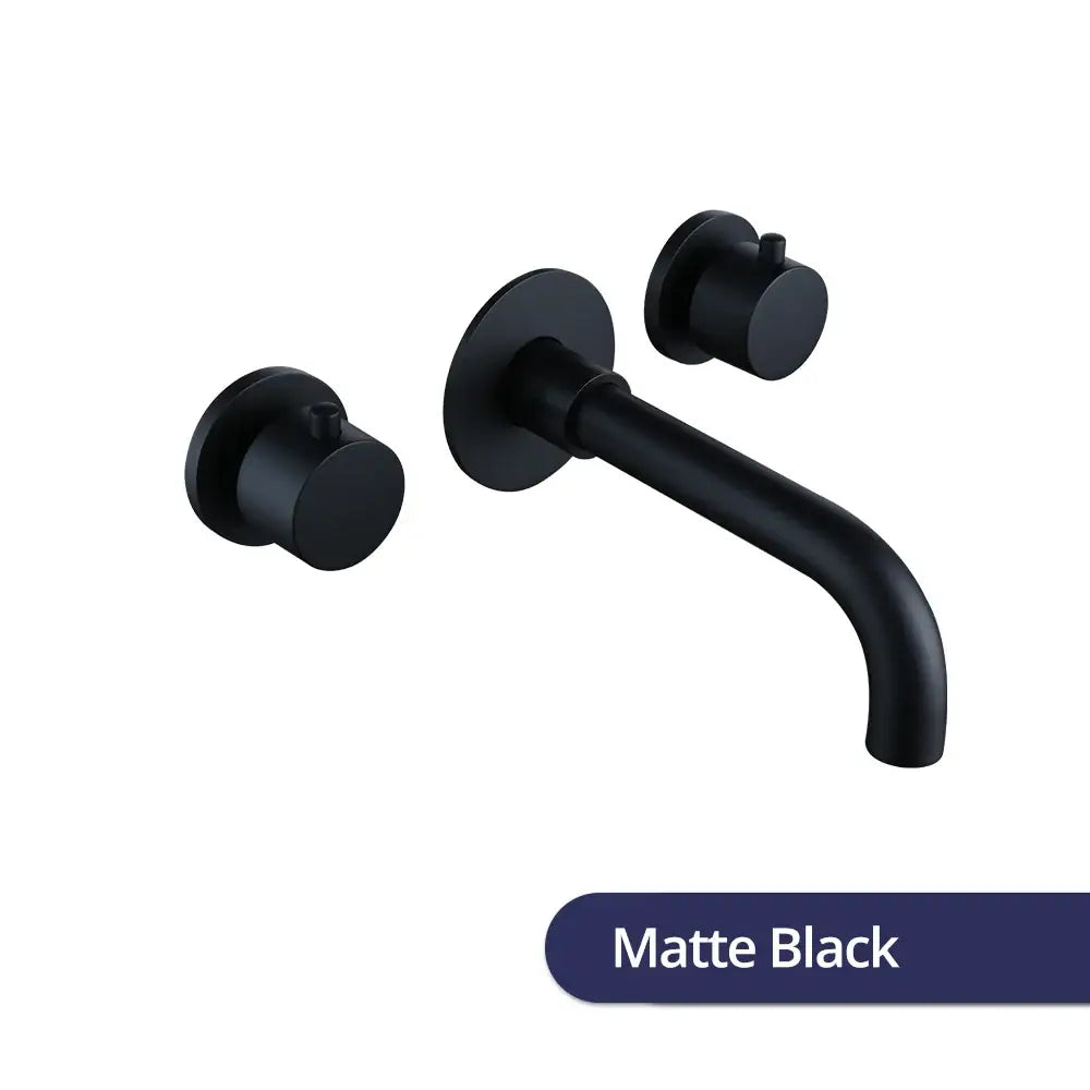 Modern matte black wall-mounted faucet with dual handle valve control and curved spout for bathroom use