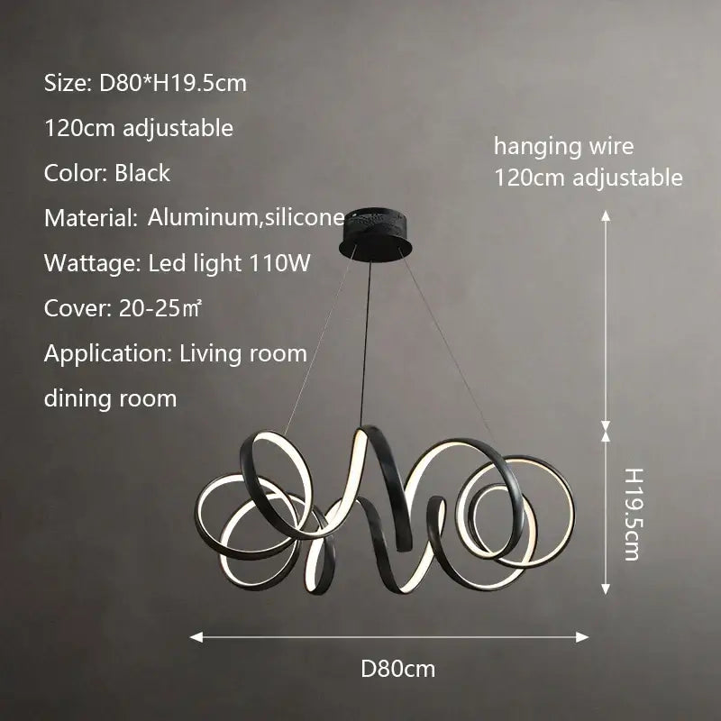 Modern black aluminum and silicone decorbites creative twisted led chandelier with interlocking rings for living rooms