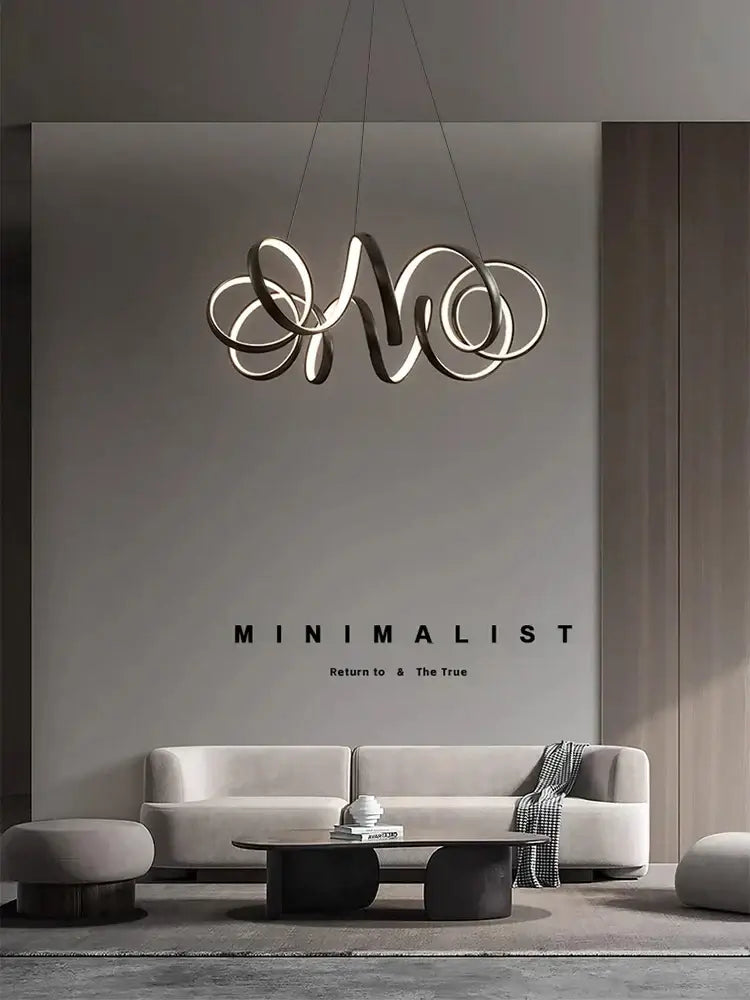 Modern brushed silver creative twisted led chandelier with sleek interlocking metallic rings for living room decorbites creative twisted design
