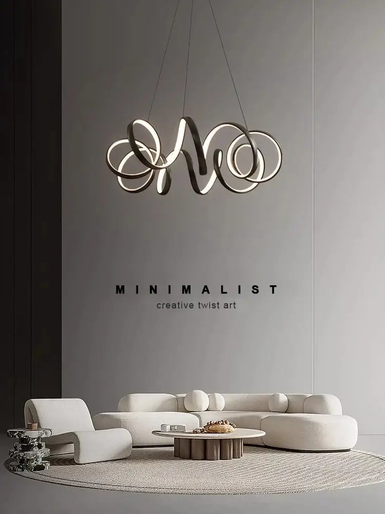 Modern brushed silver decorbites creative twisted led chandelier with interlocking circular rings for living room lighting