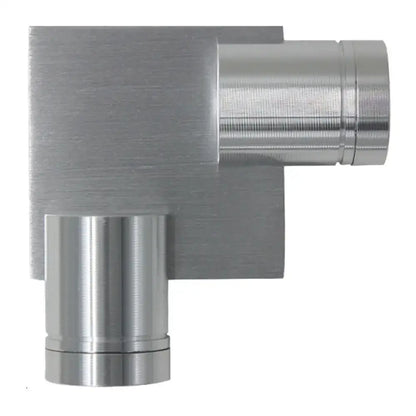 Modern brushed silver l-shaped wall light fixture with a silver brushed metal corner pipe fitting for bedroom sconce