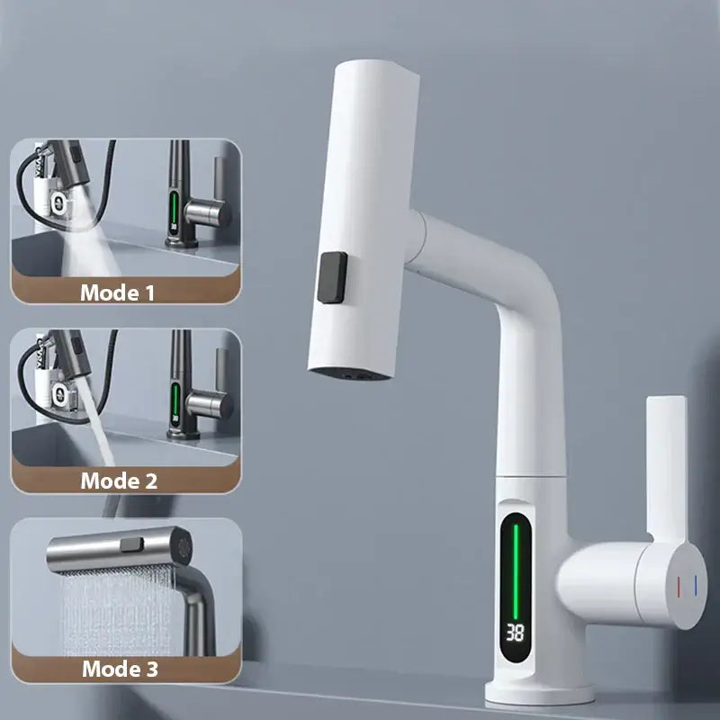 Modern brushed stainless basin faucet with white smart design and decorbites digital display waterfall feature