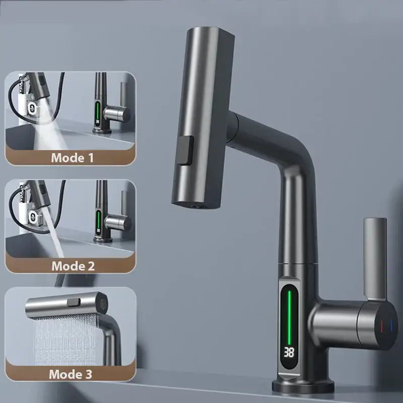 Modern matte black basin faucet with decorbites digital display and three spray modes for bathroom use
