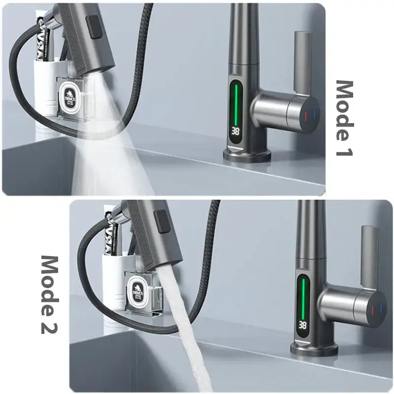 Modern brushed stainless steel basin faucet with decorbites digital display and dual spray modes for bathroom use
