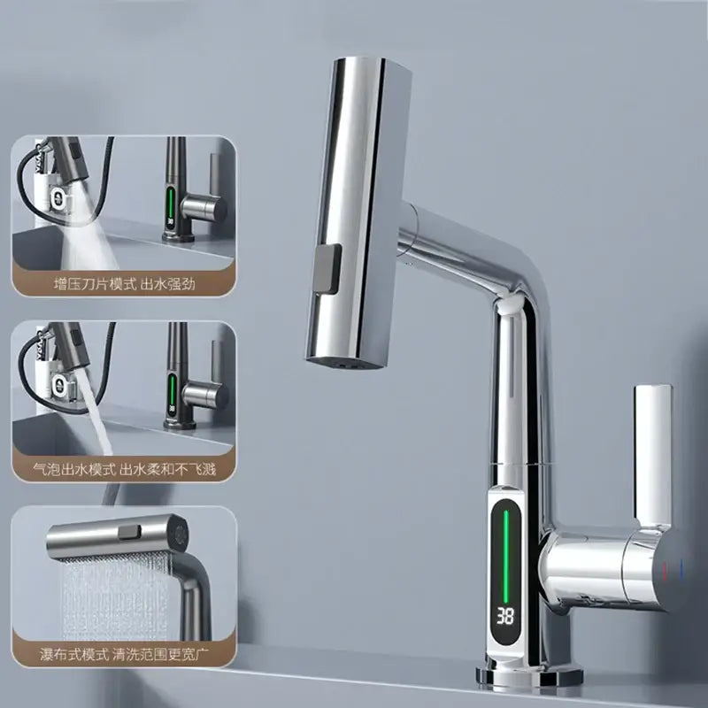 Modern brushed stainless basin faucet with chrome finish digital display waterfall spout by decorbites digital display