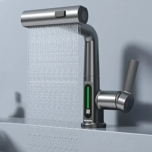 Modern brushed stainless steel basin faucet with sleek curved design and decorbites digital display waterfall feature