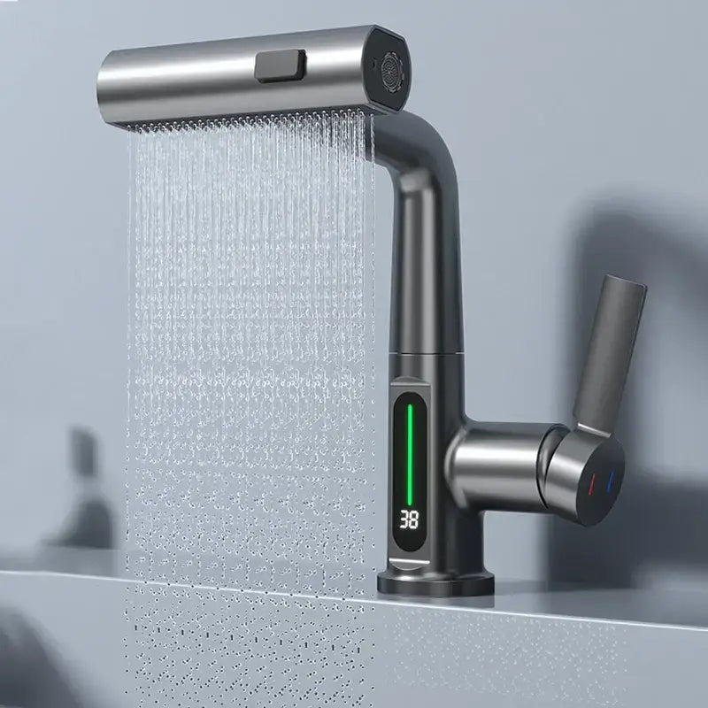 Modern brushed stainless steel basin faucet with sleek curved design and decorbites digital display waterfall feature