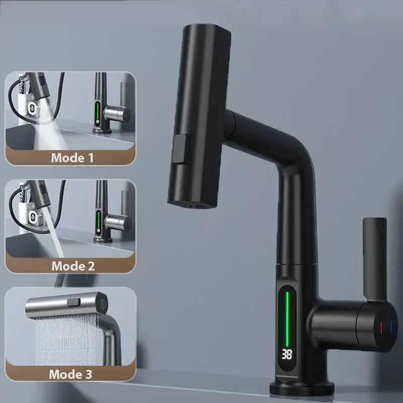 Modern brushed stainless basin faucet with black matte finish and decorbites digital display waterfall design