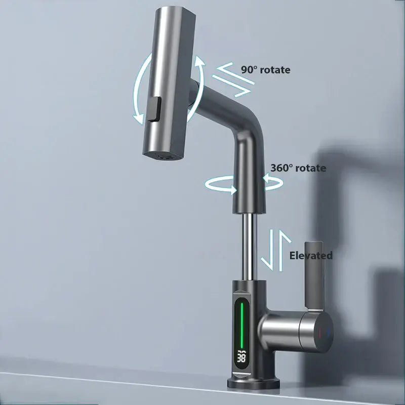 Modern brushed stainless steel basin faucet with decorbites digital display and sleek digital display waterfall design