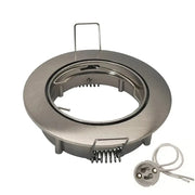 Stainless steel recessed ceiling light fixture with a circular brushed metal frame and spring-loaded mounting clips.