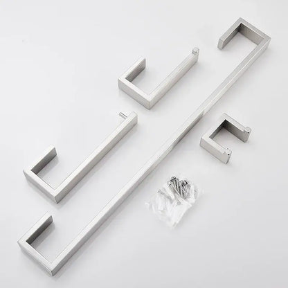 Set of modern brushed stainless steel bath hardware handles with square mounting brackets perfect for bathroom accessories
