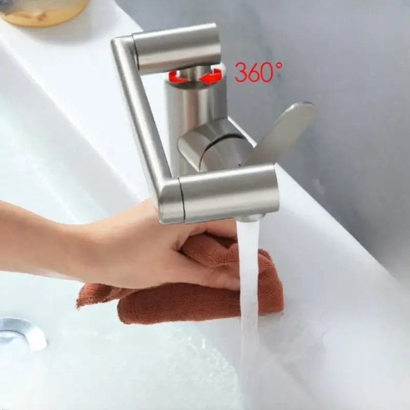 Modern brushed stainless steel bathroom faucet with sleek angular design and 360-degree swivel functionality steel bathroom faucet