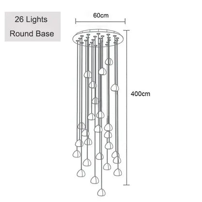 Modern brushed stainless steel pendant light with 26 teardrop glass shades and sleek metallic rods, 400cm tall chandelier