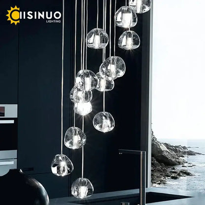 Clear faceted glass globe pendant light with brushed stainless steel in modern chandelier for staircase lighting
