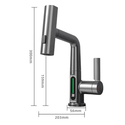 Modern brushed stainless steel digital display waterfall basin faucet with matte black accents and decorbites digital display temperature readout