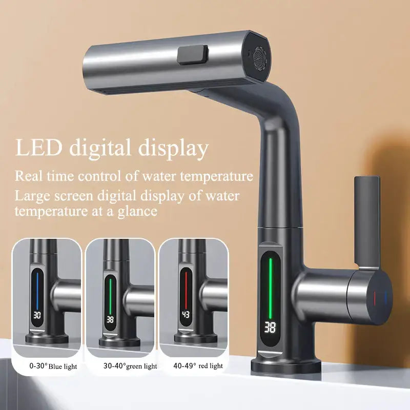 Modern brushed stainless steel basin faucet with decorbites digital display and sleek black digital display waterfall design