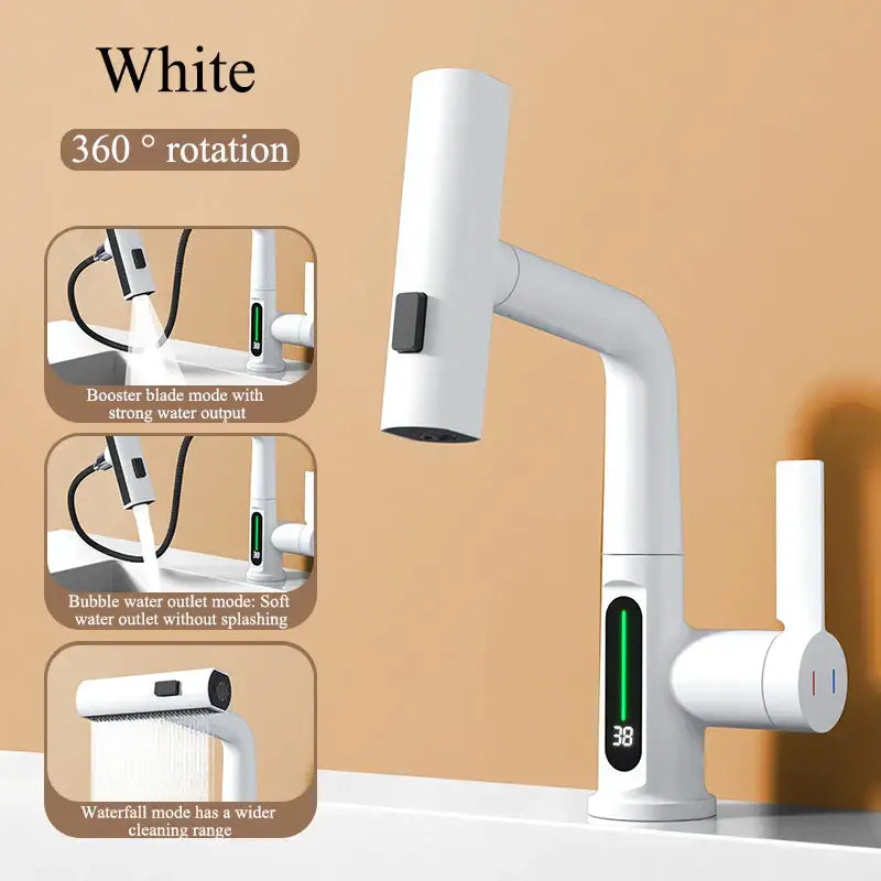 Modern brushed stainless steel basin faucet with white finish 360-degree rotation and decorbites digital display waterfall