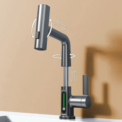 Modern matte black basin faucet with decorbites digital display and sleek digital display waterfall design