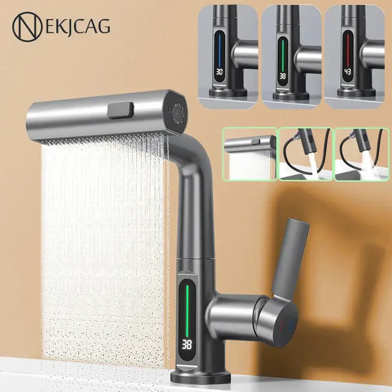 Modern brushed stainless steel basin faucet with decorbites digital display and digital display waterfall spray modes
