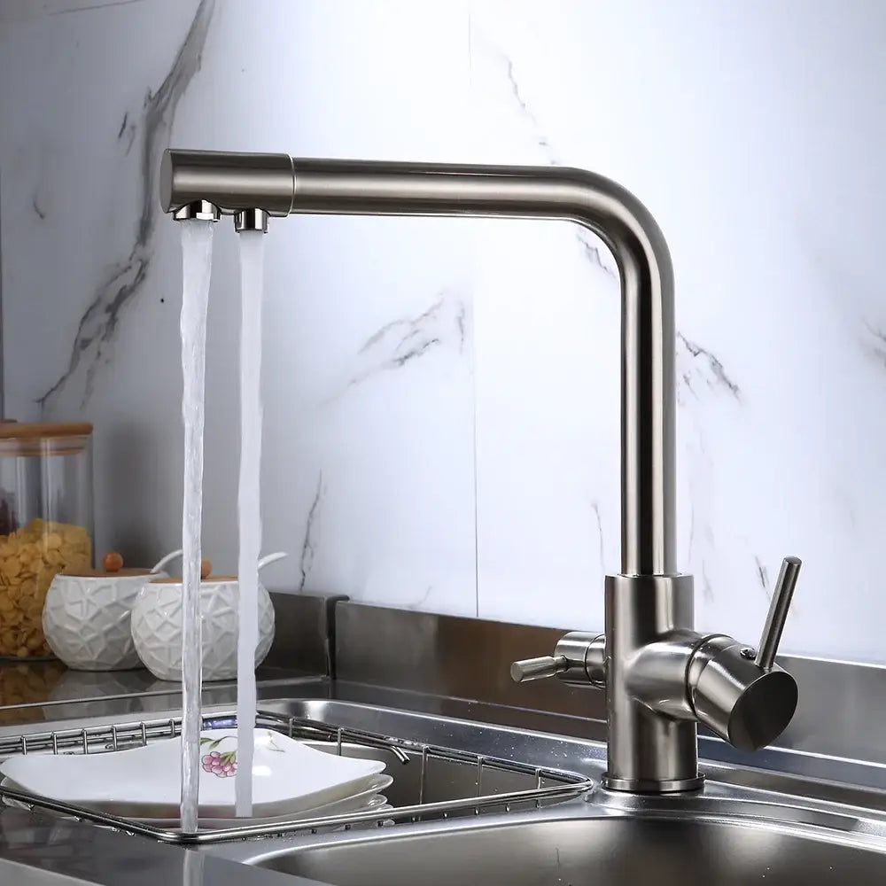 Modern brushed stainless steel dual handle kitchen filter faucet with sleek curved spout for contemporary kitchens