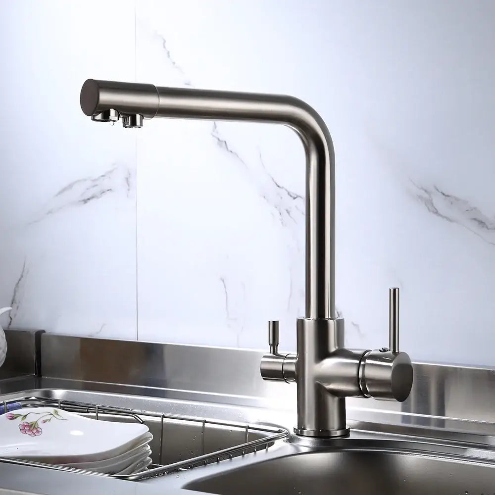 Modern brushed stainless steel dual handle kitchen filter faucet with sleek curved spout for efficient use