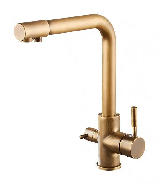 Brass-finished modern brushed stainless steel dual handle kitchen faucet with sleek curved spout for filtered water