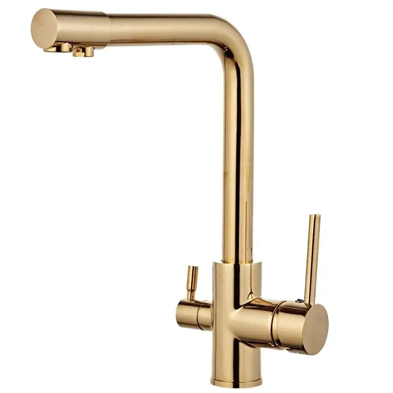 Modern brushed stainless steel gold-colored kitchen faucet with dual handle and high-arc spout for filter use