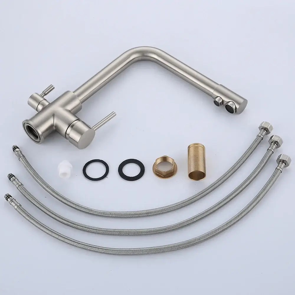 Modern brushed stainless steel dual handle kitchen filter faucet with sleek design for hot and cold water control