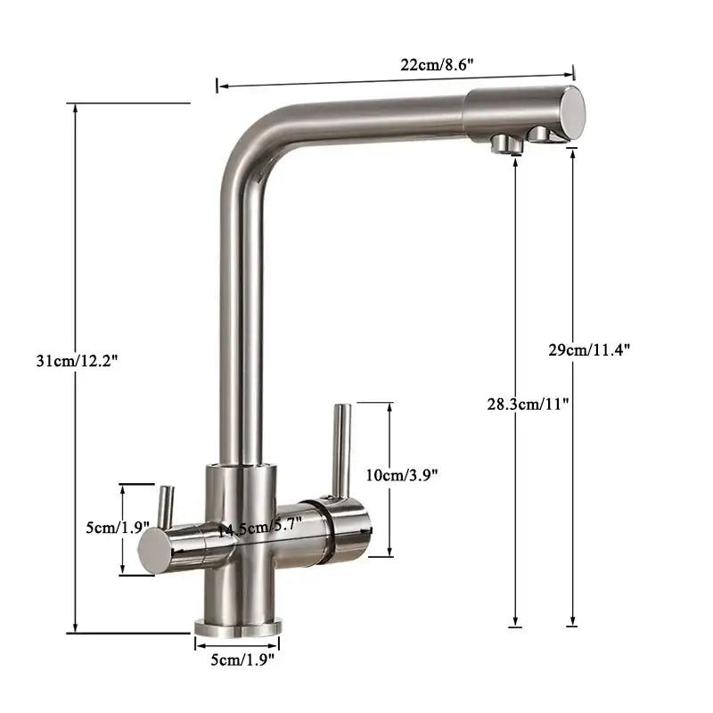 Modern brushed stainless steel kitchen faucet with dual handle design for precise hot and cold water control