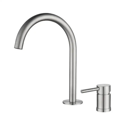 Modern brushed stainless steel kitchen faucet with a sleek curved spout and minimalist handle in brushed stainless finish