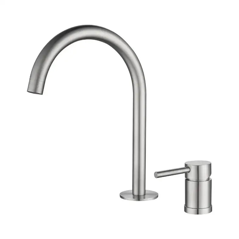 Modern brushed stainless steel kitchen faucet with a sleek curved spout and minimalist handle in brushed stainless finish