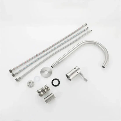 Modern brushed stainless steel kitchen faucet with curved spout and single lever handle in brushed stainless finish