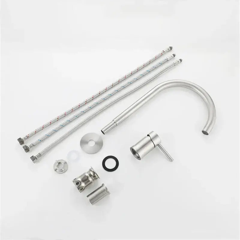 Modern brushed stainless steel kitchen faucet with curved spout and single lever handle in brushed stainless finish