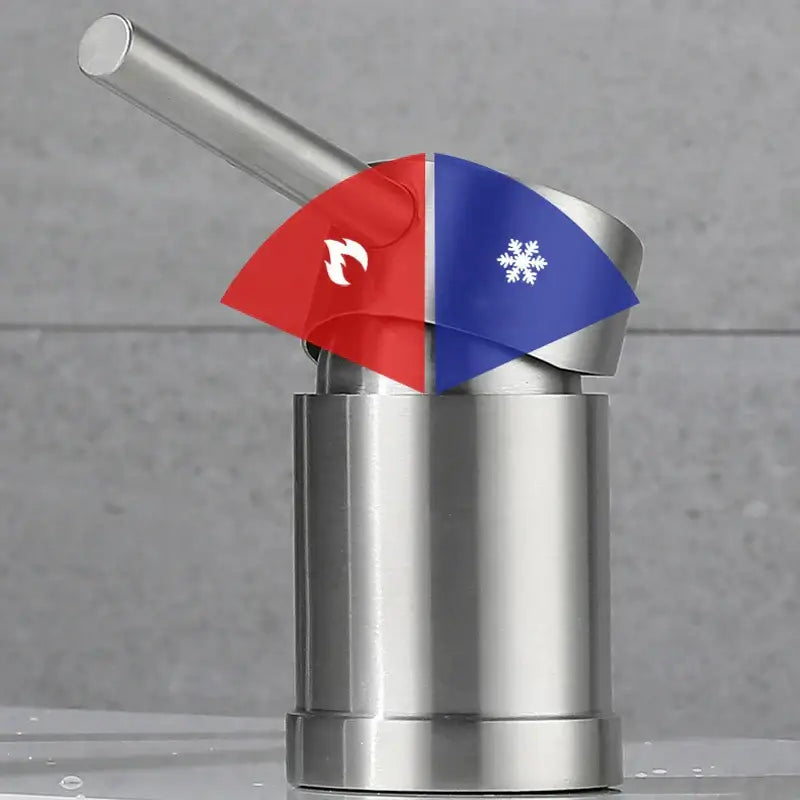 Modern brushed stainless steel kitchen faucet handle with red and blue flame and snowflake decorative cap