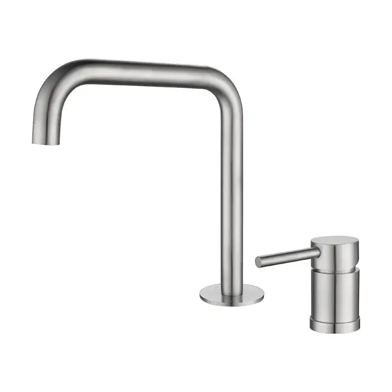 Modern brushed stainless steel kitchen faucet with a sleek curved spout and minimalist cylindrical handle