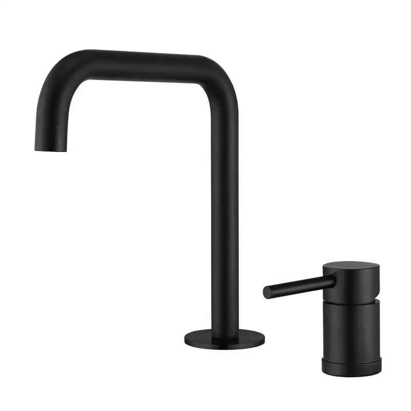 Modern black matte kitchen faucet with curved spout and cylindrical handle in brushed stainless steel design