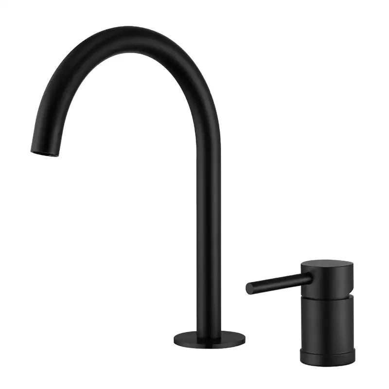 Black matte-finish modern kitchen faucet with curved spout and cylindrical handle in brushed stainless steel style