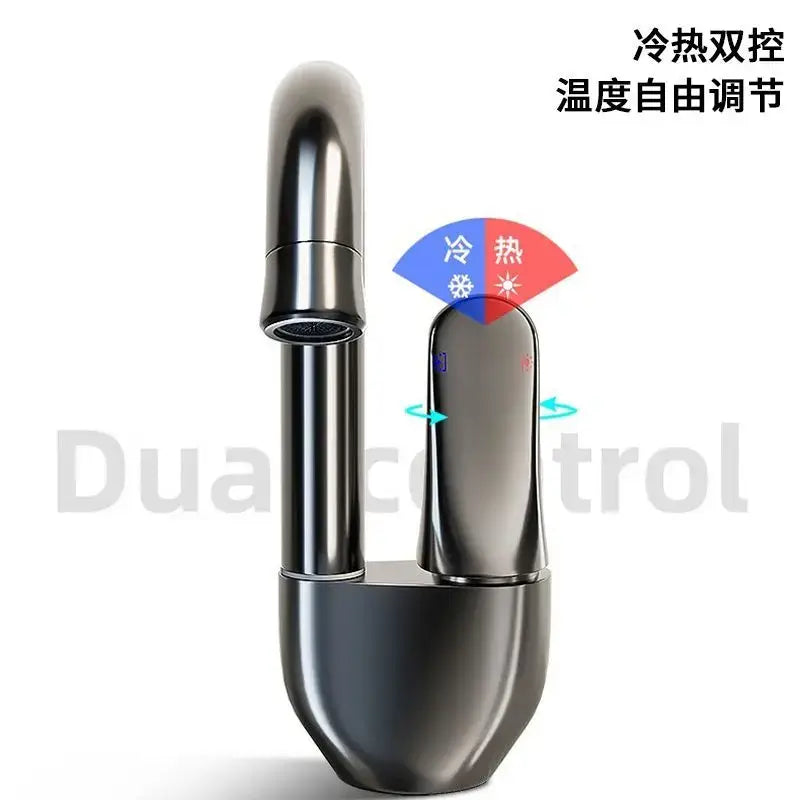 Modern brushed stainless steel kitchen faucet with dual-control knobs and rotating ceramic spool for temperature adjustment
