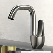 Modern brushed stainless steel kitchen faucet with sleek curved spout and rotating ceramic spool for smooth control