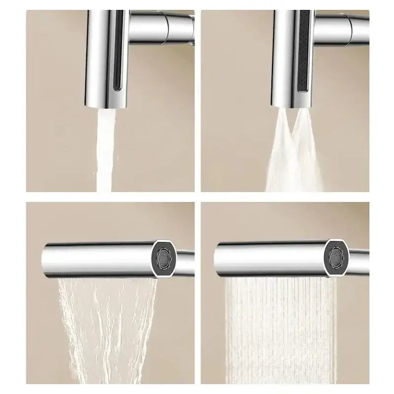 Modern brushed stainless steel kitchen faucet with chrome finish pull-down sprayer and multiple spray settings